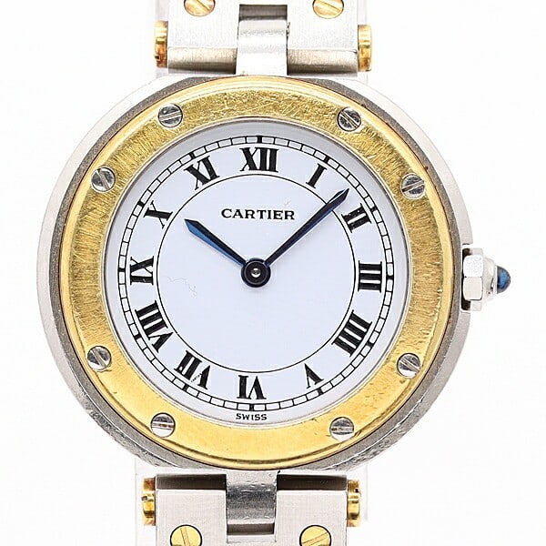 Cartier Ladies Wristwatch Santos Round White Dial YG SS QZ: Cartier Ladies Wristwatch Santos Round White Dial YG SS QZ This is a pre-owned Cartier Santos Round wristwatch designed for women. It features a white dial and is crafted from a combination of yellow 