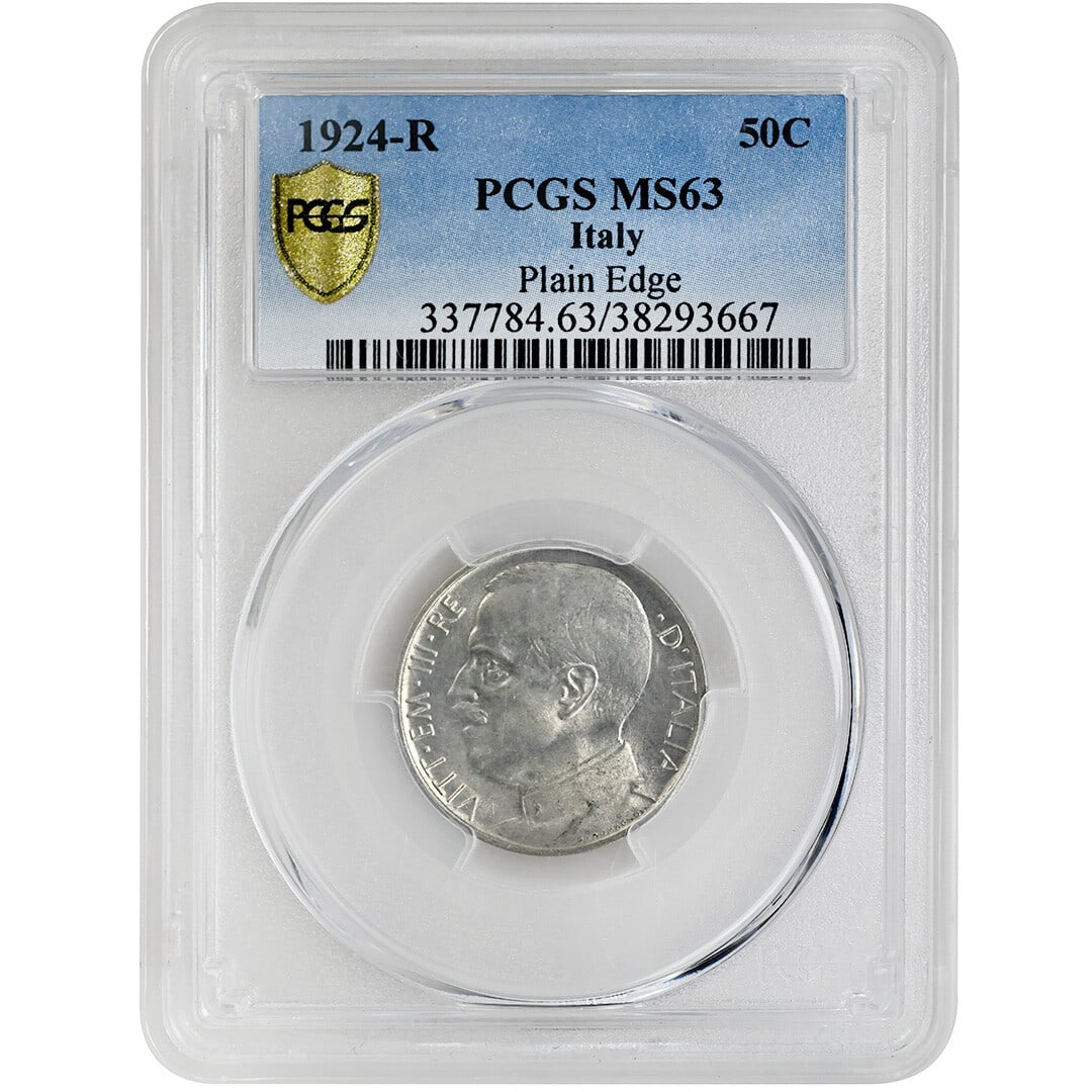 Italy 1924-R 50 centesimi Nickel PCGS MS63 Plain Edge Coin: Italy 1924-R 50 centesimi Nickel PCGS MS63 Plain Edge Coin This 1924-R Italian 50 cent coin is composed of nickel and has been graded MS63 by PCGS, indicating a high-quality uncirculated condition. Th