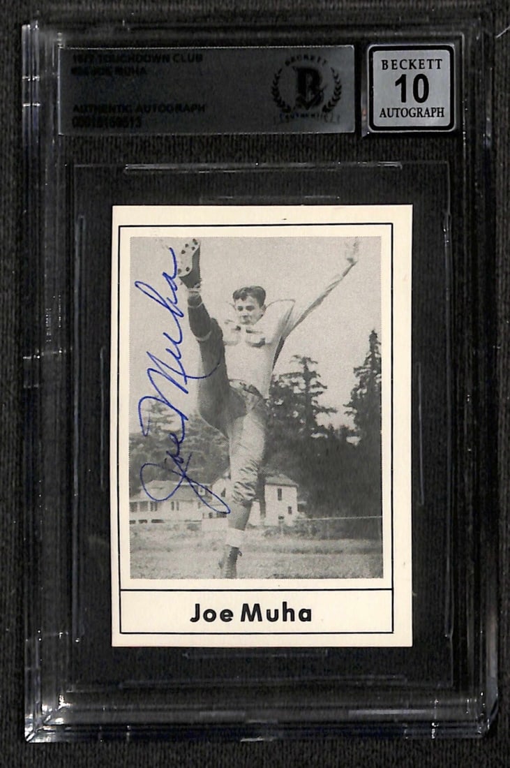 Joe Muha Signed 1977 Touchdown Club #24 Card Auto Grade 10 Beckett: Joe Muha Signed 1977 Touchdown Club #24 Card Auto Grade 10 Beckett This is an original autographed sports trading card from the 1977 Touchdown Club series, featuring Joe Muha, the former punter for th