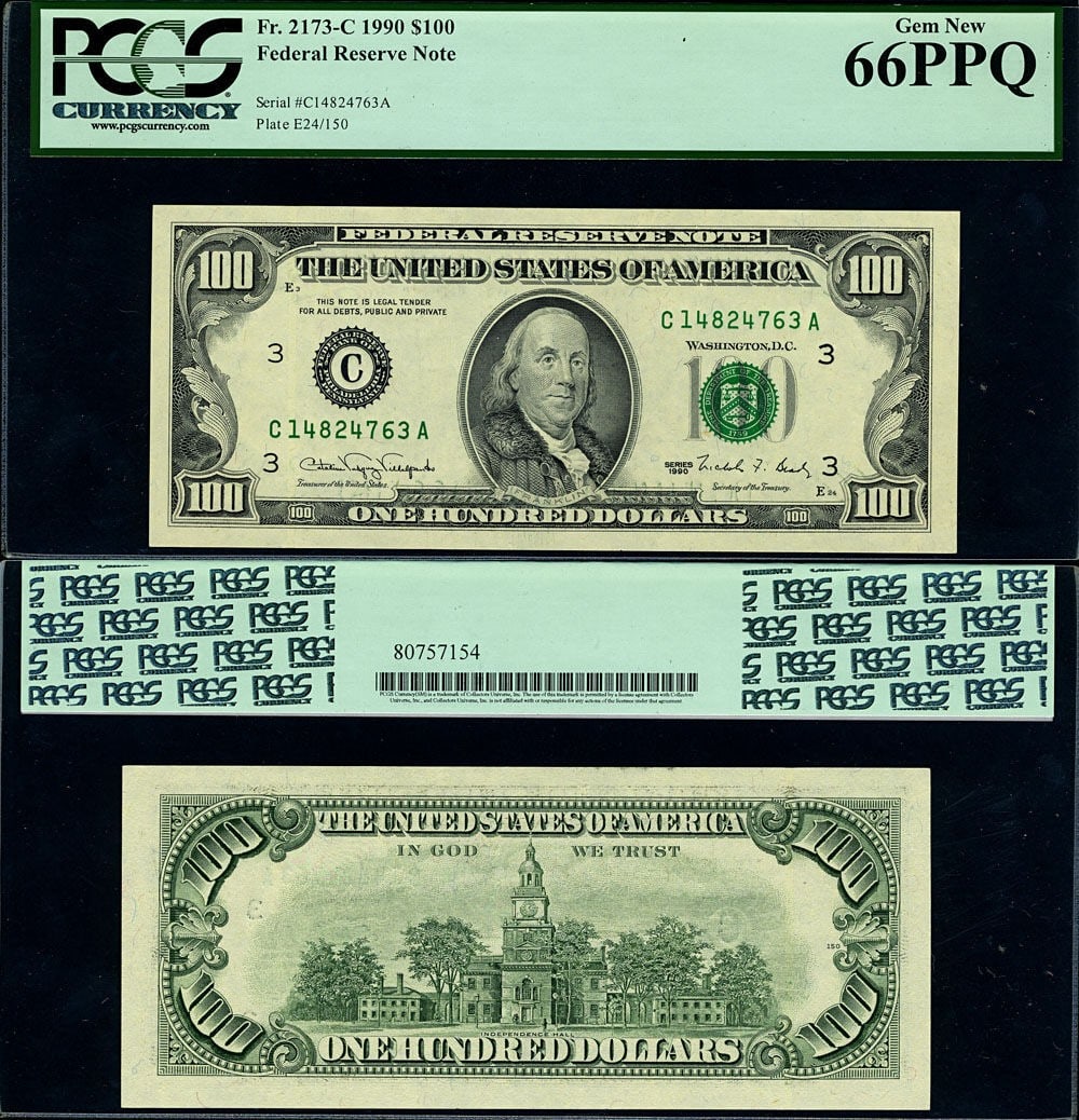 1990 $100 Federal Reserve Note Philadelphia Gem PCGS CU66 PPQ: 1990 $100 Federal Reserve Note Philadelphia Gem PCGS CU66 PPQ This is a 1990 Federal Reserve $100 bill from the Philadelphia district, cataloged as FR. 2173 C. The note is uncirculated and has been gr