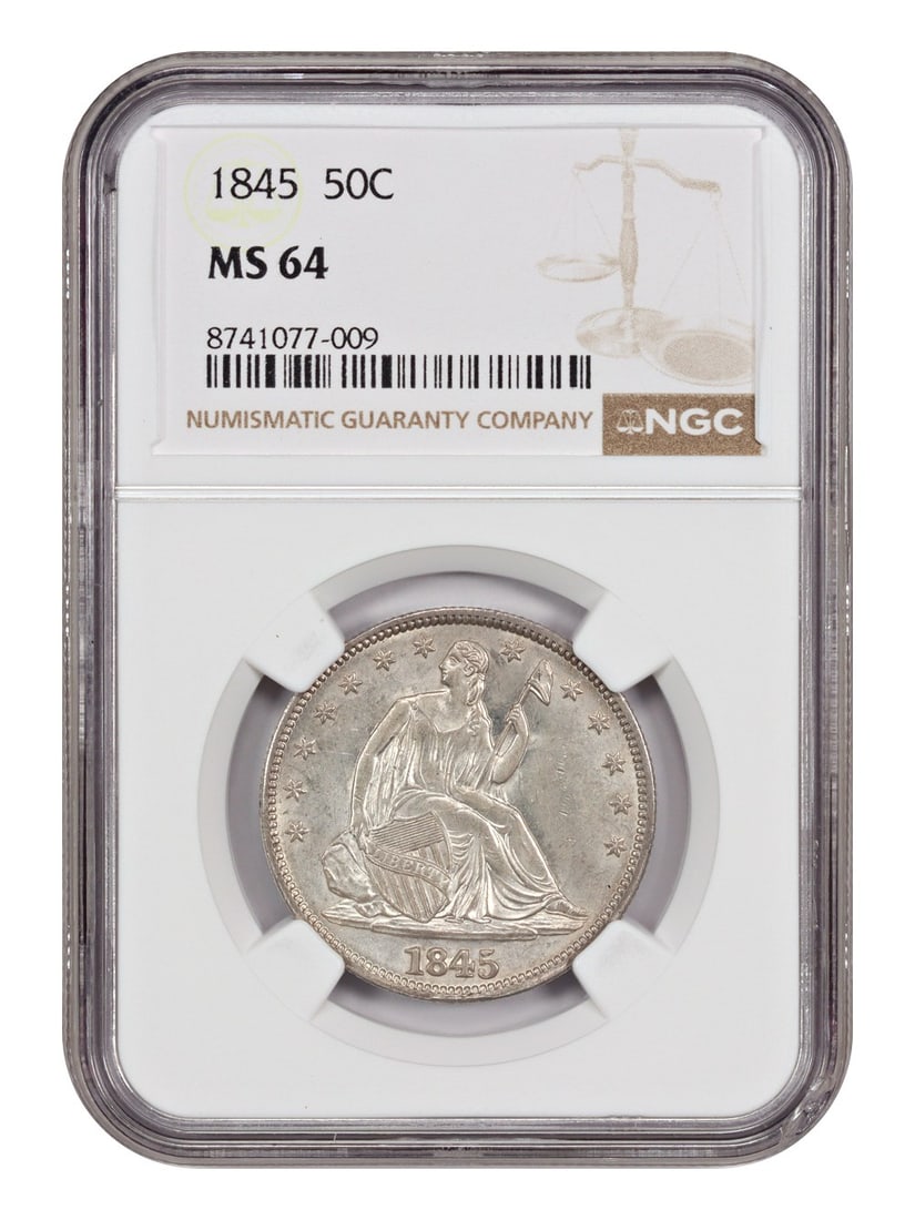 NGC MS64 1845 Liberty Seated Half Dollar 50C: NGC MS64 1845 Liberty Seated Half Dollar 50C 1845 Liberty Seated Half Dollar, denomination 50C, from Philadelphia. It is an uncirculated NGC-certified coin graded MS64 with certification number 874107