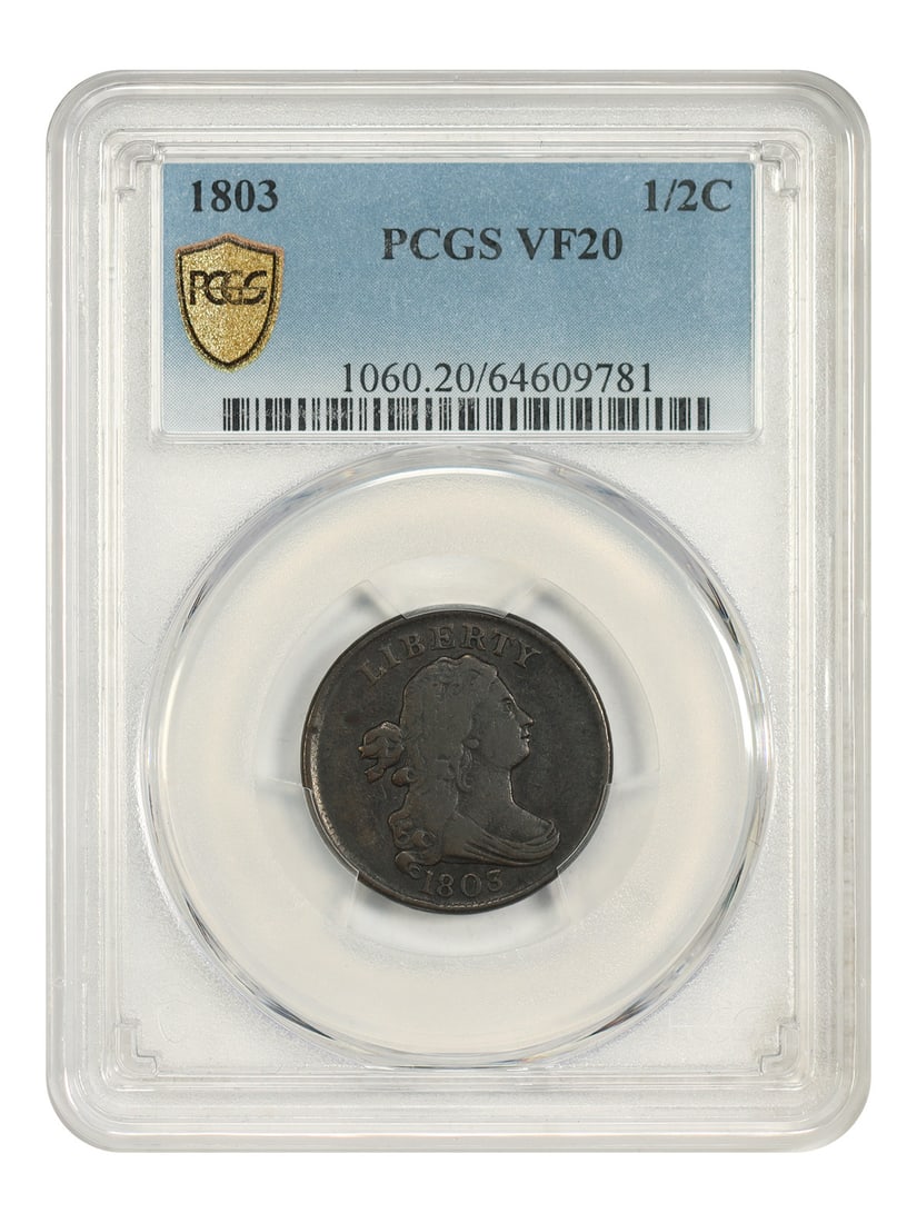 PCGS VF20BN 1803 Draped Bust 1/2C Better Date: PCGS VF20BN 1803 Draped Bust 1/2C Better Date 1803 Draped Bust Half Cent, denomination 1/2C, graded VF20BN by PCGS. Minted in Philadelphia, this circulated example is identified as a lower mintage dat