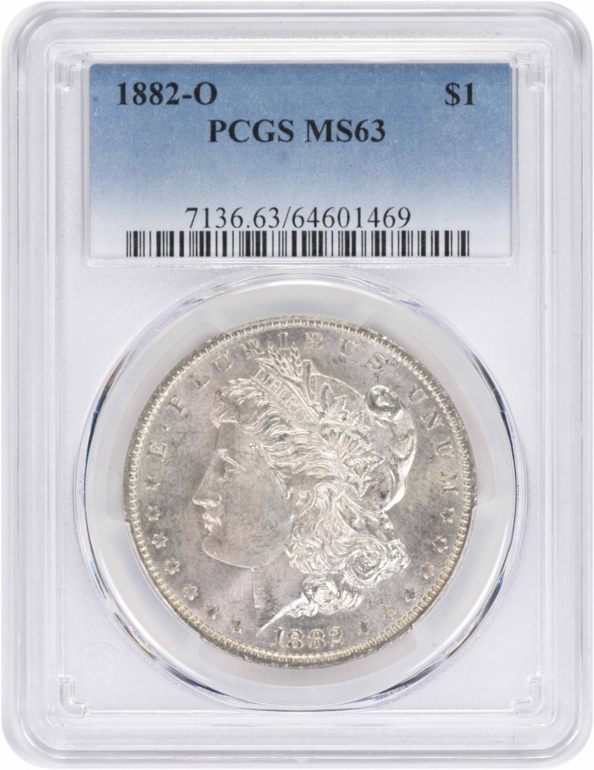 PCGS MS63 1882 O Morgan Silver Dollar $1: PCGS MS63 1882 O Morgan Silver Dollar $1 An 1882-O Morgan Silver Dollar graded MS63 by PCGS. This uncirculated United States coin is composed of 90% silver and 10% copper, with the O mint mark for New