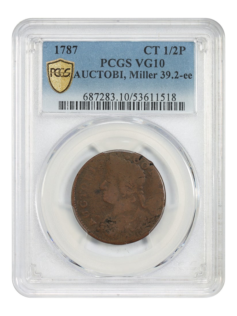 1787 Connct Colonial Coin PCGS VG10 BN Philadelphia: 1787 Connct Colonial Coin PCGS VG10 BN Philadelphia 1787 Connct coin certified by PCGS and graded VG10. The piece is circulated and identified as a Colonial issue, with a BN color designation and Phil