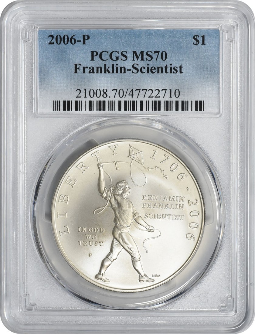 PCGS MS70 2006-P Franklin Scientist Silver Dollar: PCGS MS70 2006-P Franklin Scientist Silver Dollar This 2006-P Franklin-Scientist Commemorative Silver Dollar honors Benjamin Franklin and is struck from 90% silver and 10% copper. Graded MS70 by PCGS,