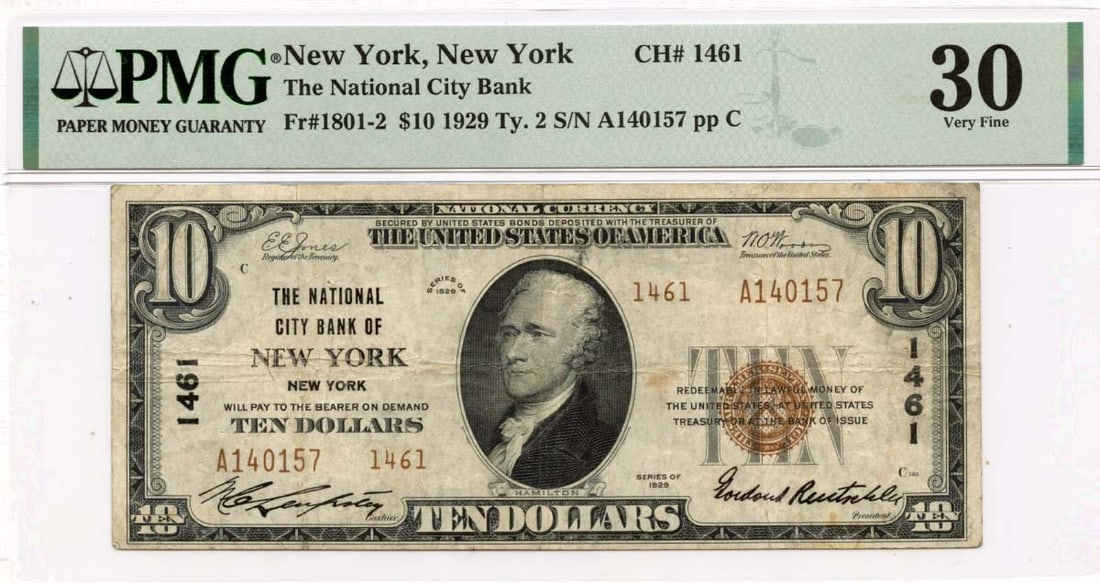 1929 $10 National City Bank Note CH#1461 PMG VF30 Certified: 1929 $10 National City Bank Note CH#1461 PMG VF30 Certified This 1929 $10 National City Bank of New York note is a remarkable piece of currency history. Graded as VF30 by PMG, this banknote has been c