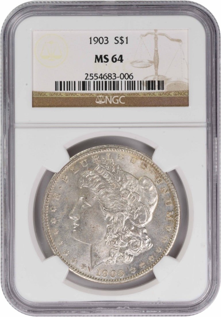 1903 United States Morgan Dollar NGC MS64 90 Percent Silver Coin: 1903 United States Morgan Dollar NGC MS64 90 Percent Silver Coin This 1903 Morgan Silver Dollar is graded MS64 by NGC and was struck at the Philadelphia Mint. Composed of 90% silver and 10% copper, th