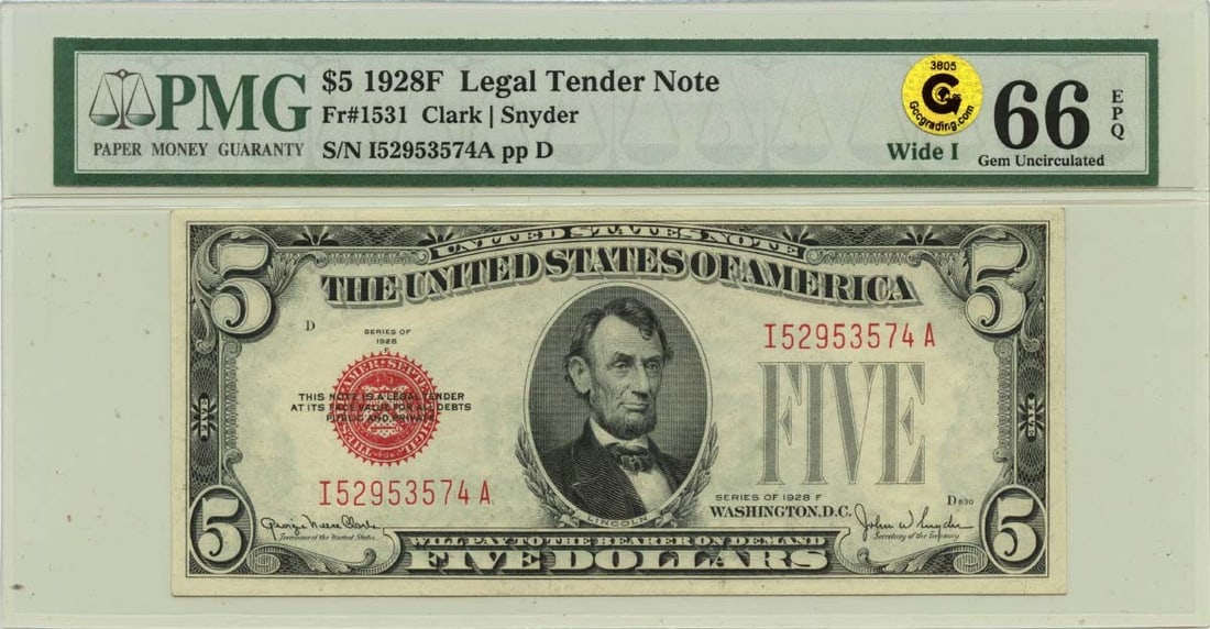 PMG GEM 66 EPQ 1928F Five Dollar Legal Tender United States Note: PMG GEM 66 EPQ 1928F Five Dollar Legal Tender United States Note This is a 1928F $5 Legal Tender Note, designated as FR#1531 Wide I. The note has been certified by PMG with a grade of MS66 GEM 66 EPQ,