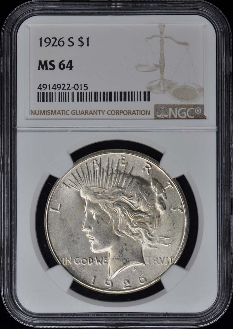 NGC MS64 1926-S Peace Dollar San Francisco Mint Silver $1 Coin: NGC MS64 1926-S Peace Dollar San Francisco Mint Silver $1 Coin This 1926-S Peace Dollar is certified by NGC with a grade of MS64. Minted in San Francisco, it is an uncirculated coin and is designated 