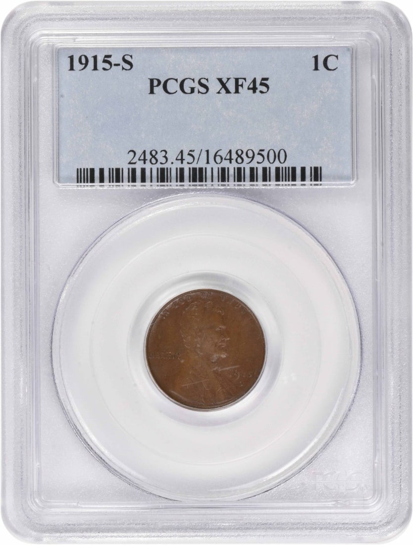 PCGS EF45 1915 S Lincoln Wheat Small Cent: PCGS EF45 1915 S Lincoln Wheat Small Cent A 1915-S Lincoln Cent graded EF45 by PCGS. This circulated United States Small Cent is struck in copper and identified as a Lincoln Wheat coin. The coin is pr