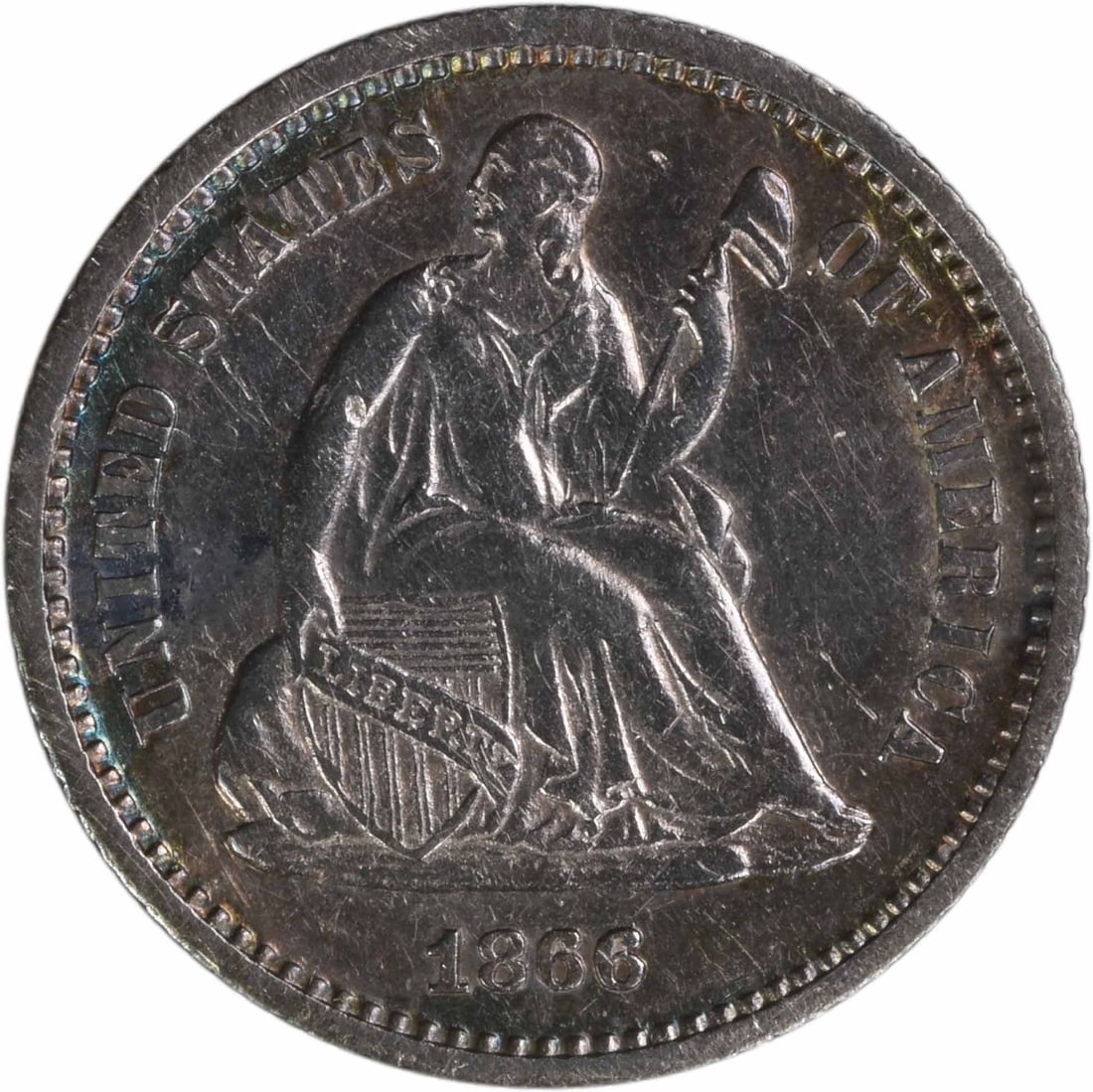 1866 Seated Half Dime AU Grade Uncertified US Silver Coin: 1866 Seated Half Dime AU Grade Uncertified US Silver Coin This 1866 Liberty Seated Half Dime from the Philadelphia Mint is composed of 90% silver and 10% copper. Designed by Christian Gobrecht, it fea