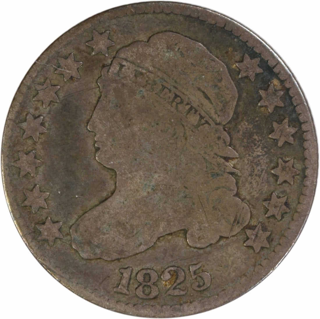 1825 Capped Bust Dime Philadelphia 10C Uncertified United States Silver Coin: 1825 Capped Bust Dime Philadelphia 10C Uncertified United States Silver Coin This is an 1825 Capped Bust Dime from the United States, designed by John Reich and minted in Philadelphia. The coin is cir