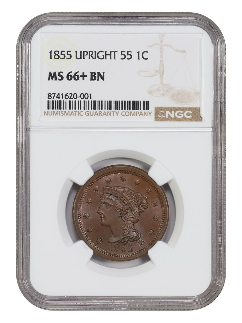 NGC MS66+BN 1855 Braided Hair Cent Upright 55 1C: NGC MS66+BN 1855 Braided Hair Cent Upright 55 1C 1855 Braided Hair Cent graded MS66+BN by NGC. This uncirculated Philadelphia issue is noted as tied for finest at the BN designation and is described a