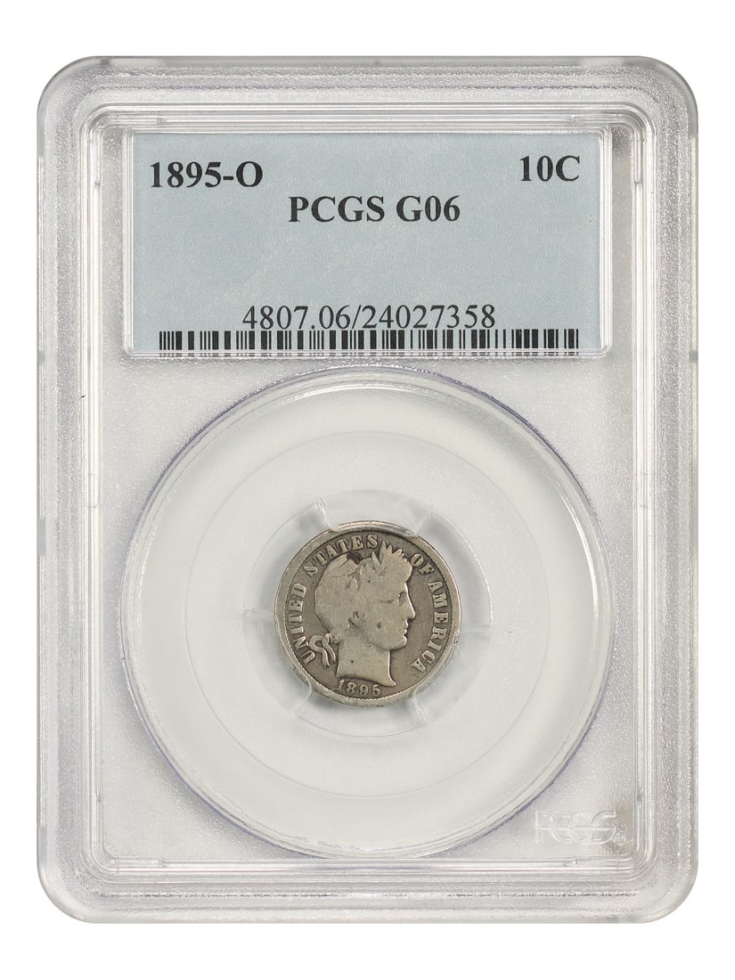 PCGS Good 06 1895 O Barber Dime 10C Key Date: PCGS Good 06 1895 O Barber Dime 10C Key Date 1895-O Barber Dime certified by PCGS in Good 06. This circulated coin is a key date New Orleans issue from a mintage of just 440,000 coins. Condition: pre-