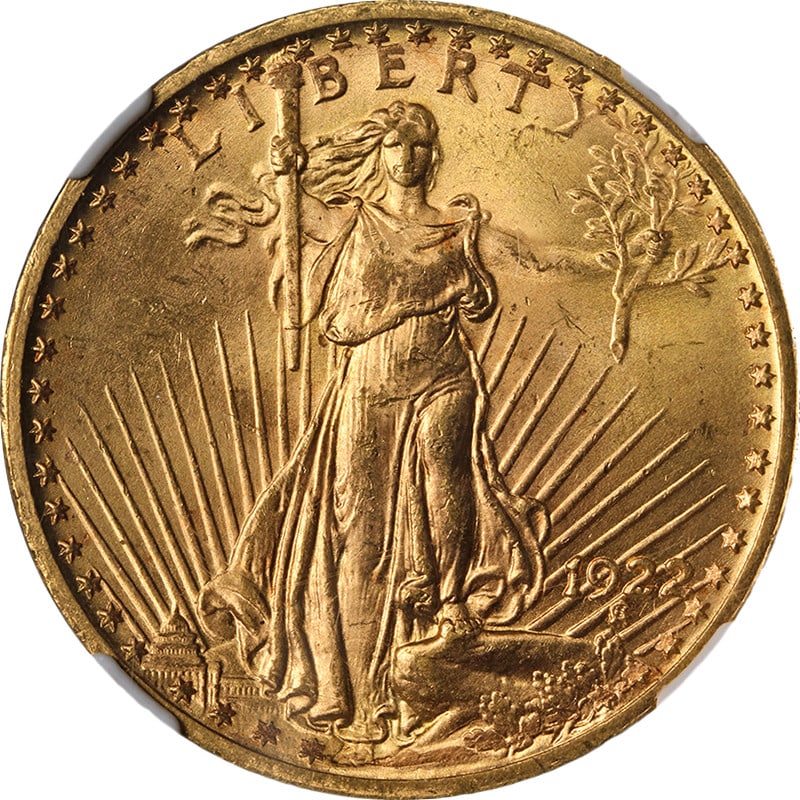 1922 Saint-Gaudens $20 Gold Coin NGC MS64 Philadelphia Mint: 1922 Saint-Gaudens $20 Gold Coin NGC MS64 Philadelphia Mint This 1922-P Saint-Gaudens Gold $20 coin is graded NGC MS64, featuring a strong strike and impressive luster. The coin displays great color a