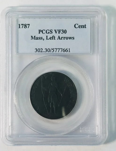 1787 Massachusetts Colonial Copper Cent PCGS VF-30 BN: 1787 Massachusetts Colonial Copper Cent PCGS VF-30 BN This 1787 Massachusetts Cent is a post-colonial issue, graded VF-30 BN by PCGS. Struck in copper, this coin represents early American numismatic h