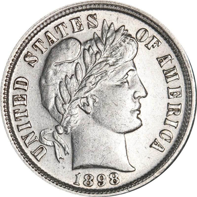 1898 Philadelphia Mint Silver Barber Dime United States Coin: 1898 Philadelphia Mint Silver Barber Dime United States Coin This 1898-P Barber Dime is a circulated pre-owned coin from the United States, minted in Philadelphia in 1898. It is composed of silver wit