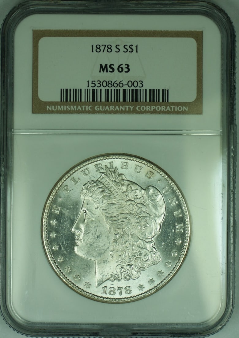 NGC MS 63 1878-S Silver Morgan Dollar Uncirculated $1 Coin: NGC MS 63 1878-S Silver Morgan Dollar Uncirculated $1 Coin This is an 1878-S Morgan Silver Dollar $1 coin certified by NGC with a grade of MS 63. The coin is composed of silver and remains in uncircul