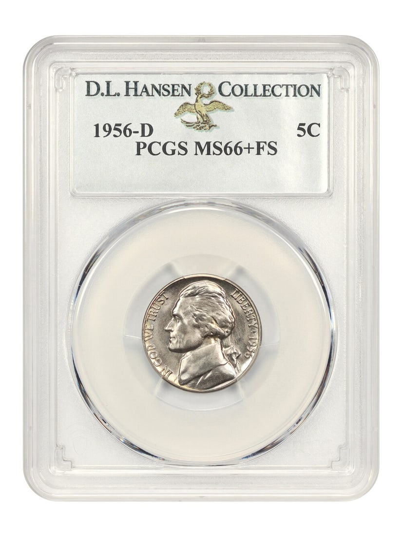 Jefferson Nickel 1956-D PCGS MS66+ FS 5C: Jefferson Nickel 1956-D PCGS MS66+ FS 5C This 1956-D Jefferson Nickel is certified by PCGS and graded MS66+ FS. It is an uncirculated Denver-mint 5c coin with subtle album toning throughout and full m