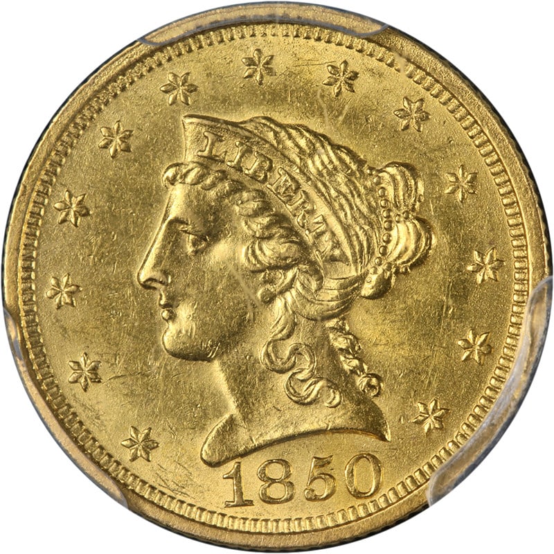 1850 Philadelphia Liberty $2.50 Gold Coin PCGS MS62 Plus Certified: 1850 Philadelphia Liberty $2.50 Gold Coin PCGS MS62 Plus Certified This 1850-P Liberty Gold $2.50 coin is certified by PCGS with a grade of MS62+, showcasing remarkable eye appeal and fantastic luster