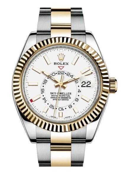 Rolex SkyDweller Oyster Bracelet White Dial Ref 326933 2021: Rolex SkyDweller Oyster Bracelet White Dial Ref 326933 2021 This Rolex Sky-Dweller features a white dial and is presented on an Oyster bracelet. The watch has a fluted bezel and comes with the new sty
