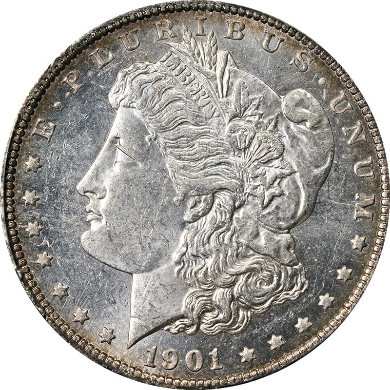 1901 O Morgan Dollar PCGS MS63 Toned Silver: 1901 O Morgan Dollar PCGS MS63 Toned Silver This 1901-O Morgan Silver Dollar is graded MS63 by PCGS and features attractive toning. Struck in silver with a fineness of 0.9, this uncirculated coin orig