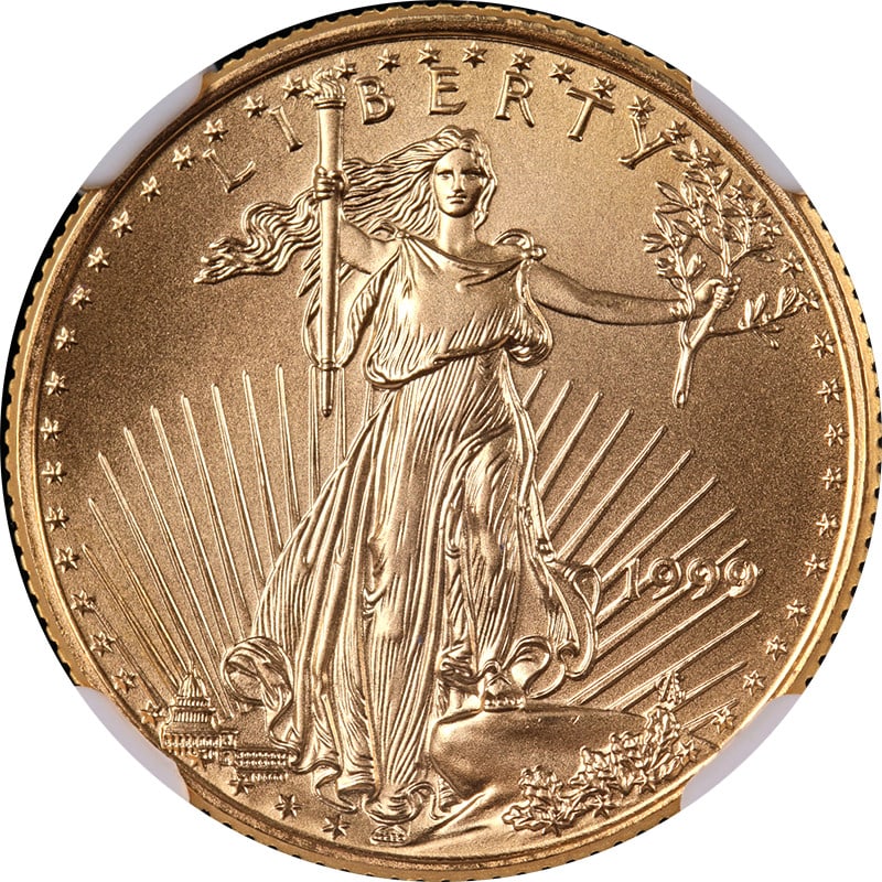 1999 NGC MS70 Gold American Eagle $10 Brown Label: 1999 NGC MS70 Gold American Eagle $10 Brown Label This 1999 Gold American Eagle $10 coin is certified by NGC with a perfect MS70 grade and features the Brown Label. Composed of 91.67% gold, this uncir