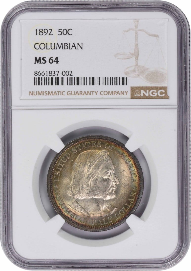1892 NGC MS64 Toned Columbian Exposition Silver Half Dollar: 1892 NGC MS64 Toned Columbian Exposition Silver Half Dollar This 1892 Columbian Commemorative Half Dollar is an uncirculated coin certified by NGC with a grade of MS64. Struck at the Philadelphia Mint