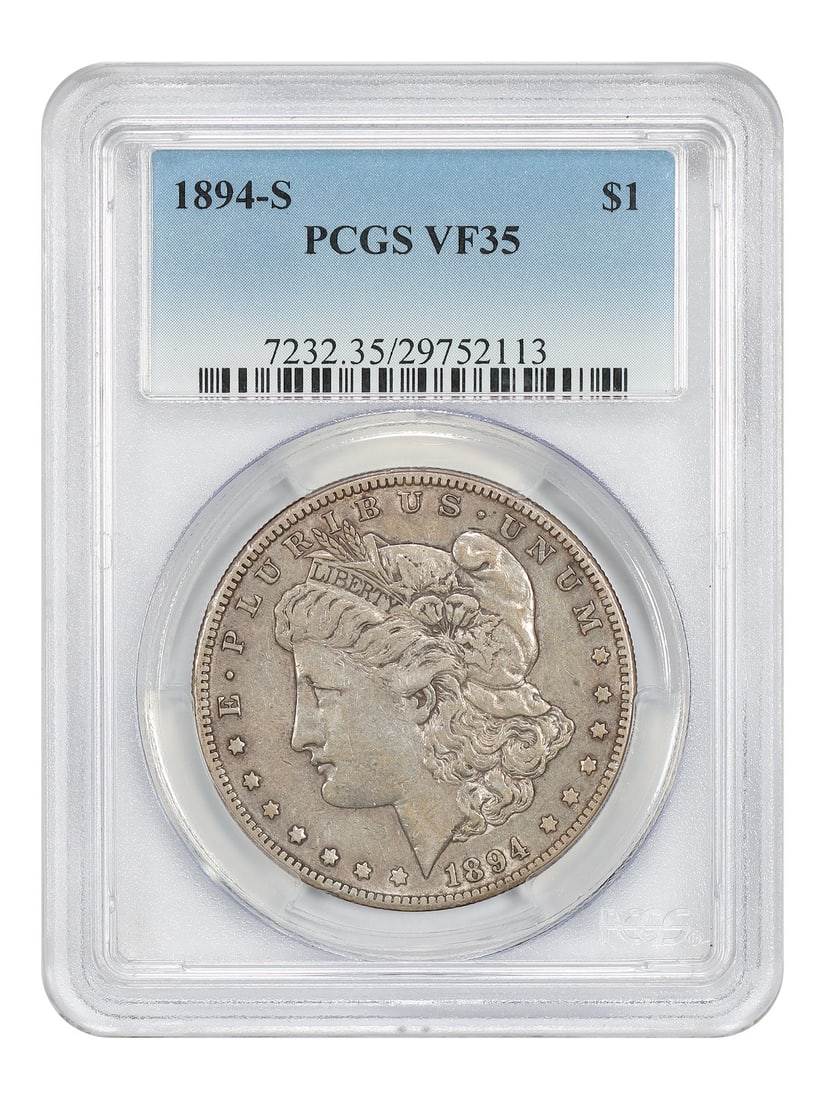 1894-S PCGS VF35 Morgan Silver Dollar San Francisco Mint: 1894-S PCGS VF35 Morgan Silver Dollar San Francisco Mint 1894-S Morgan Dollar $1, certified by PCGS and graded VF35. This circulated coin is identified as a better date Morgan Dollar from the San Fran