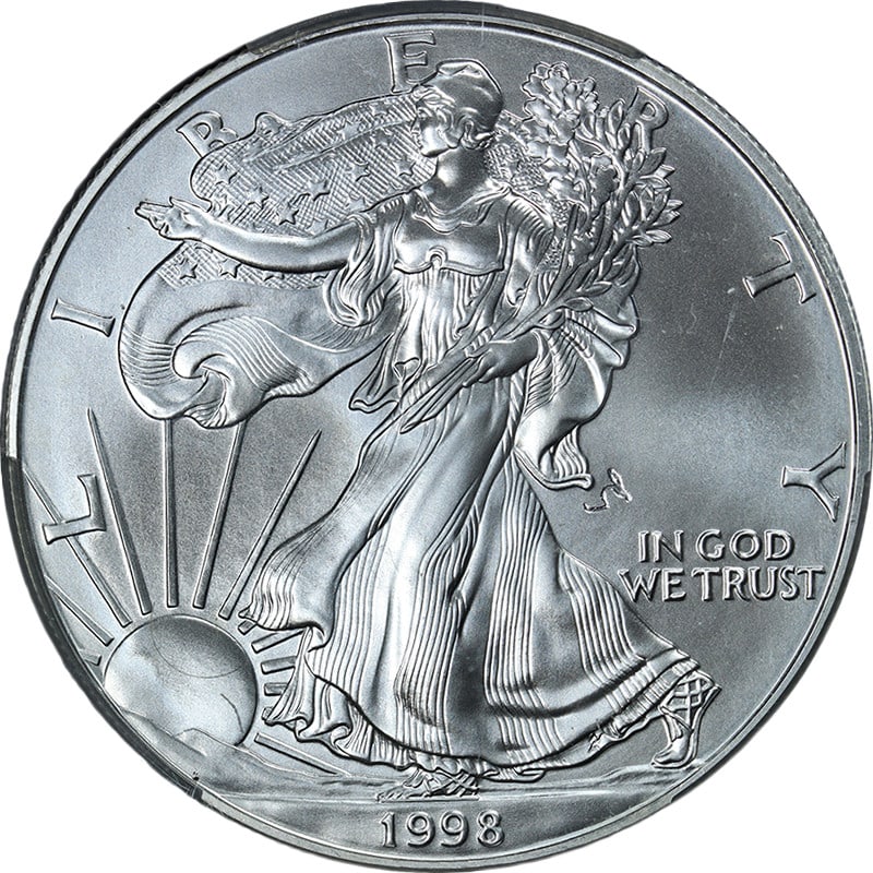 1998 MS68 Silver American Eagle Dollar CAC Obverse Strike Through Error (1 of 4)