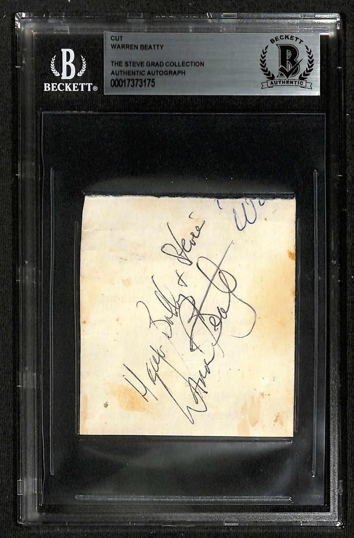 Beckett Slabbed Warren Beatty Signed Cut Autograph: Beckett Slabbed Warren Beatty Signed Cut Autograph This item is a cut autograph hand-signed by Warren Beatty, the acclaimed American actor, producer, screenwriter, and director. The autograph is encap