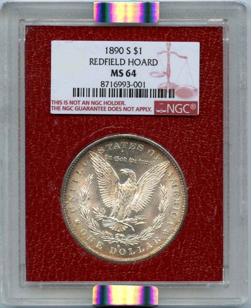 1890 Redfield Hoard Morgan Dollar NGC MS64: 1890 Redfield Hoard Morgan Dollar NGC MS64 This is an 1890 Redfield Hoard $1 coin from the United States, graded MS64 by NGC. The coin is uncirculated and comes with NGC certification. Specifications 
