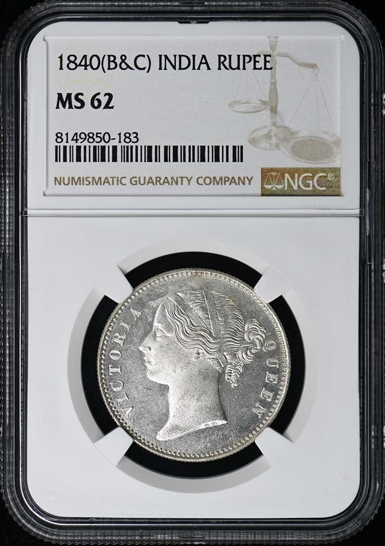 India 1840 Rupee Silver Coin NGC MS62 Certified: India 1840 Rupee Silver Coin NGC MS62 Certified This is an un-used 1840 India Rupee graded MS62 by NGC. The coin is certified with NGC number 8149850183 and is in pre-owned condition. Specifications Y