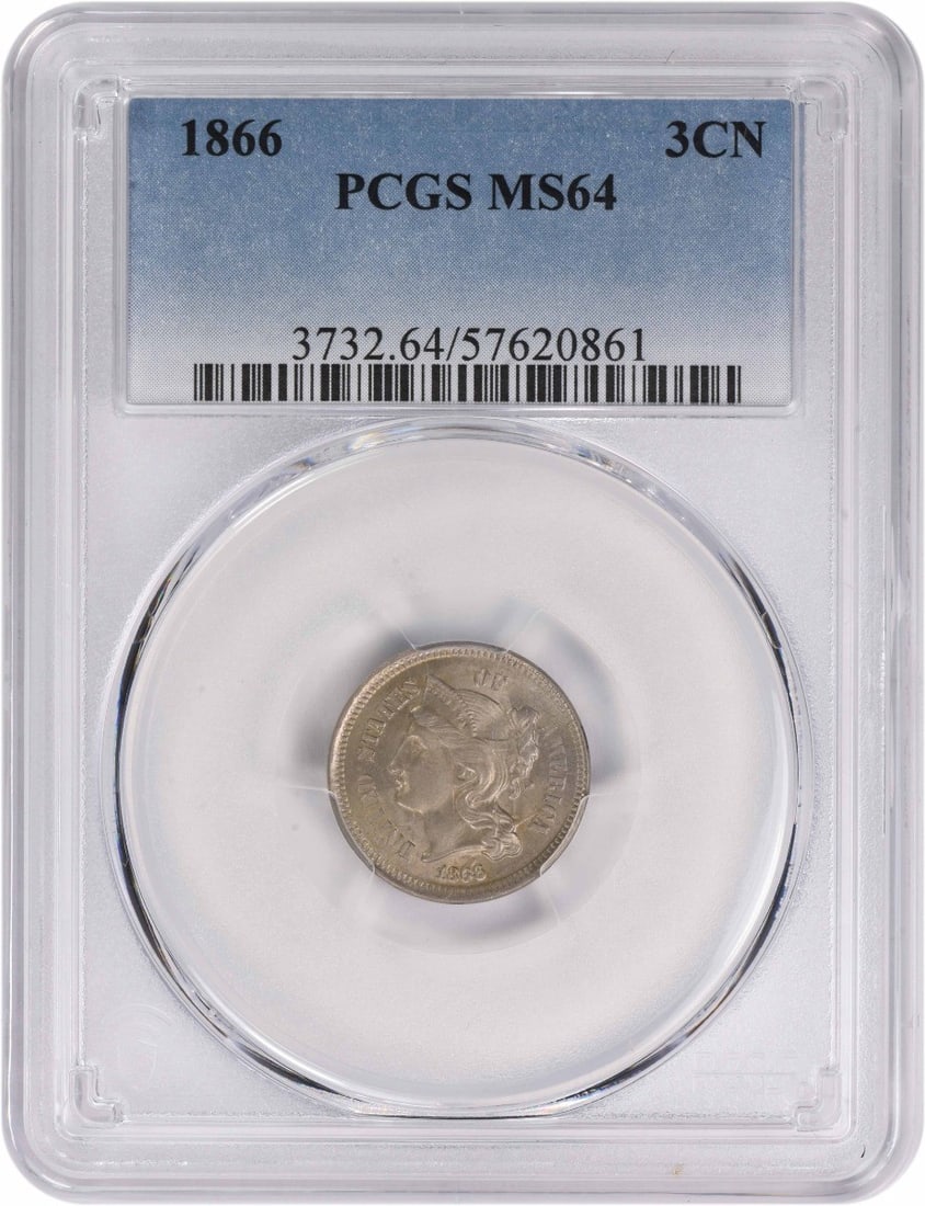 1866 Three Cent Nickel MS64 PCGS Uncirculated Coin: 1866 Three Cent Nickel MS64 PCGS Uncirculated Coin This 1866 Three Cent Nickel is graded MS64 by PCGS, showcasing its uncirculated condition. Minted in Philadelphia, this coin features a composition o