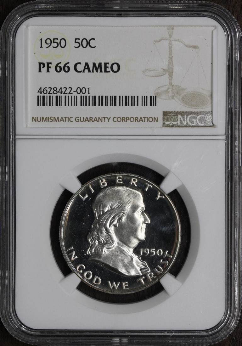 1950 Franklin Half Dollar PF66 Cameo NGC Certified Key Date Silver Coin: 1950 Franklin Half Dollar PF66 Cameo NGC Certified Key Date Silver Coin This 1950 Proof Franklin Half Dollar is a highly sought-after key date coin, featuring a pristine uncirculated condition with a 