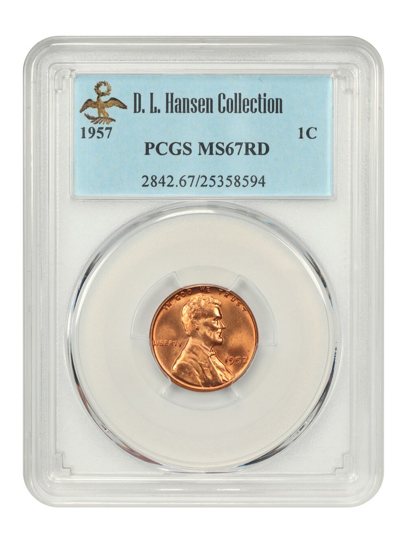 PCGS MS67 RD 1957 Lincoln Wheat Cent 1C ex D.L. Hansen: PCGS MS67 RD 1957 Lincoln Wheat Cent 1C ex D.L. Hansen 1957 Lincoln Cent (Wheat Reverse) 1c graded PCGS MS67 RD. The coin is uncirculated and encapsulated in a protective holder. The luster is truly r