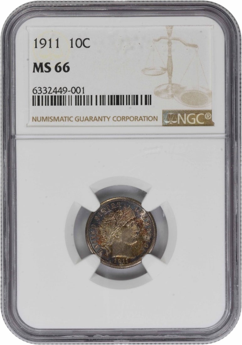 1911 10C Barber Dime MS66 Certified by NGC: 1911 10C Barber Dime MS66 Certified by NGC This 1911 Barber Silver Dime from the Philadelphia Mint is certified by NGC and graded MS66. Composed of 90% silver and 10% copper, this uncirculated coin fe