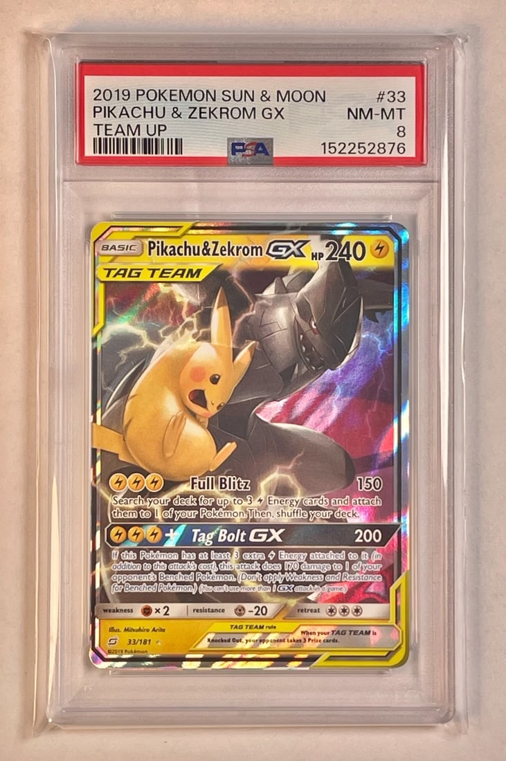 2019 Pokemon Team Up 33/181 Pikachu and Zekrom GX PSA 8 Holo: 2019 Pokemon Team Up 33/181 Pikachu and Zekrom GX PSA 8 Holo This is a 2019 Pokemon TCG TAG TEAM Ultra Rare card featuring Pikachu & Zekrom GX from the Team Up set. It is an English-language, holo-fin