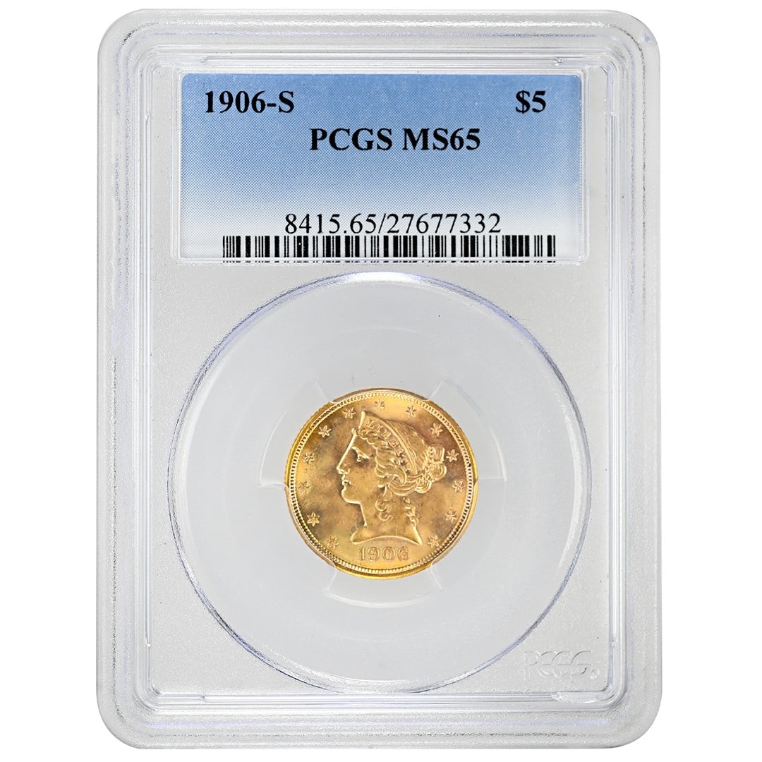PCGS MS65 1906-S Liberty Head $5 Gold Coin: PCGS MS65 1906-S Liberty Head $5 Gold Coin This 1906 $5 Liberty Head gold coin, graded MS65 by PCGS, was minted in San Francisco. It features sharp, unbroken luster and a well-defined strike. The coin