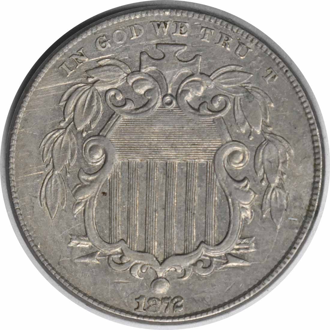 1872 Shield Nickel DDO FS-101 AU Uncertified Philadelphia Mint: 1872 Shield Nickel DDO FS-101 AU Uncertified Philadelphia Mint This 1872 Shield Nickel is a remarkable piece featuring a design by James Barton Longacre. It is a circulated coin in AU (About Uncircula