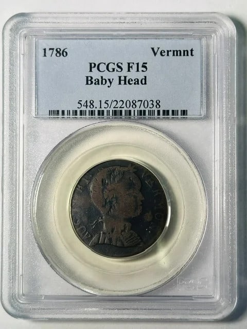 1786 Vermont Copper PCGS F-15 BN Baby Head: 1786 Vermont Copper PCGS F-15 BN Baby Head This 1786 Vermont Post Colonial copper coin, known as the "Baby Head" variety, is certified by PCGS with a grade of F 15. Struck in copper, this coin origina