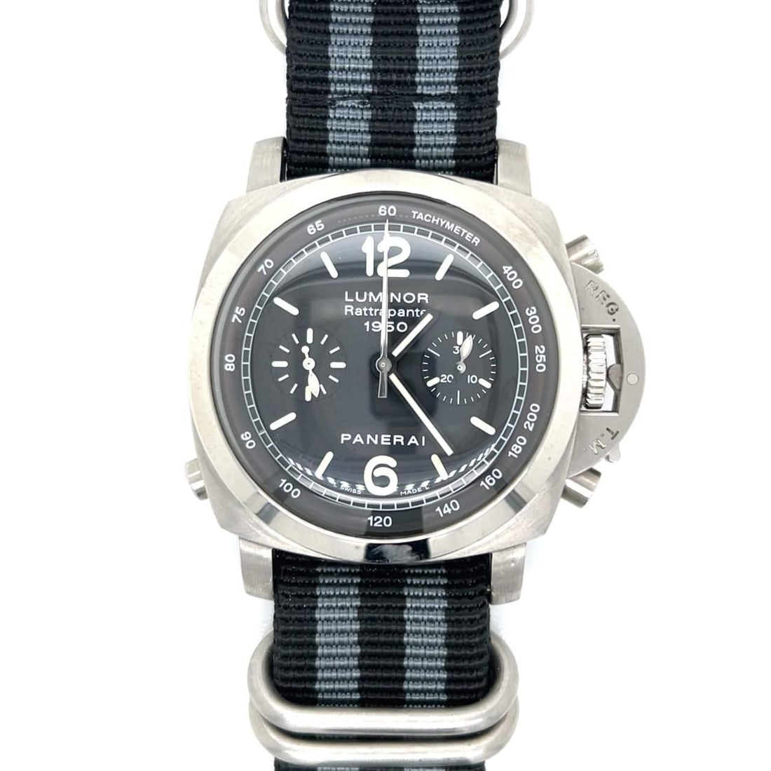 PANERAI Luminor 1950 PAM00213 Rattrapante Chronograph 44mm Steel NATO Strap: PANERAI Luminor 1950 PAM00213 Rattrapante Chronograph 44mm Steel NATO Strap Introducing the PANERAI Luminor 1950 Rattrapante Chronograph Watch, a stunning timepiece that combines precision and style. 