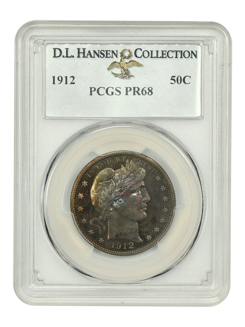 PCGS PR68 1912 Barber Half Dollar 50C ex D.L. Hansen: PCGS PR68 1912 Barber Half Dollar 50C ex D.L. Hansen 1912 Barber Half Dollar 50C graded PCGS PR68 and certified by PCGS, with certification number 21554857. This uncirculated proof issue is from Phila