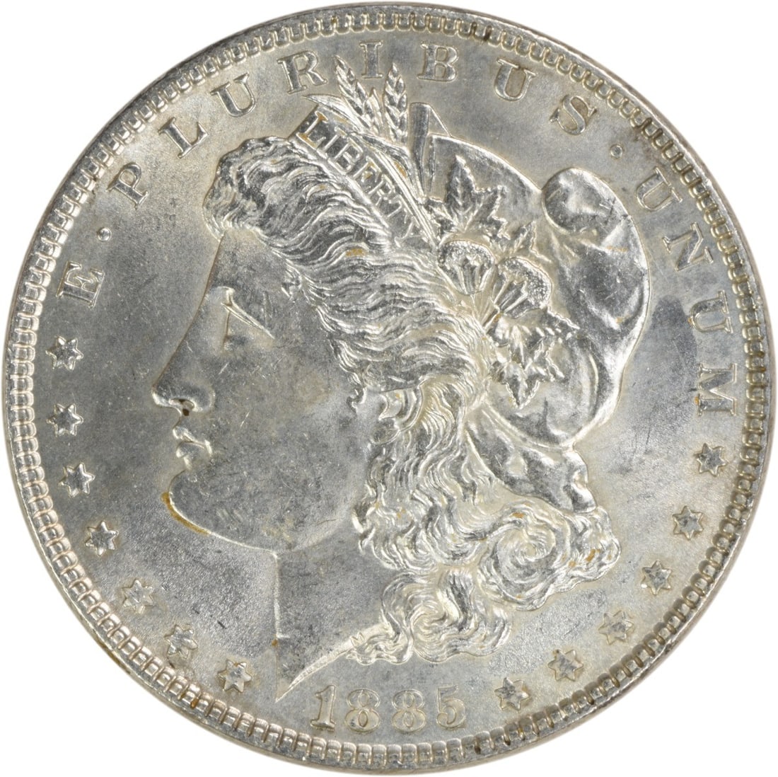Uncirculated 1885 Morgan Dollar Silver Coin Choice BU Uncertified: Uncirculated 1885 Morgan Dollar Silver Coin Choice BU Uncertified This 1885 Morgan Silver Dollar is an uncirculated coin in Choice Brilliant Uncirculated (BU) condition. It is composed of silver and f