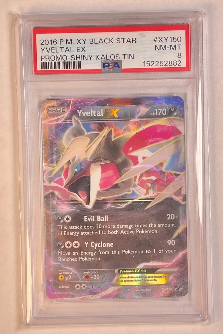 PSA 8 Pokemon Yveltal EX XY150 Black Star Promo Holo Card 2016: PSA 8 Pokemon Yveltal EX XY150 Black Star Promo Holo Card 2016 2016 Pokemon XY Black Star Promo Yveltal Ex Holo trading card, promo card #XY150 from the Shiny Kalos Tin release. Graded PSA 8 and ident