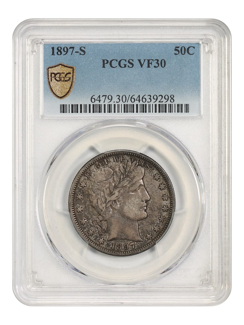 PCGS VF30 1897-S Barber Half Dollar 50C San Francisco Mint: PCGS VF30 1897-S Barber Half Dollar 50C San Francisco Mint 1897-S Barber Half Dollar graded VF30 by PCGS. The coin is a circulated example from the San Francisco Mint and is identified as a very tough