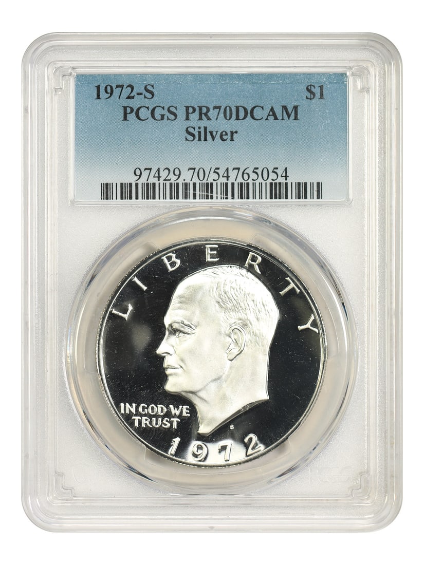 PCGS PR70DCAM 1972-S Silver Ike Dollar $1: PCGS PR70DCAM 1972-S Silver Ike Dollar $1 1972-S $1 Ike Dollar in uncirculated condition, certified by PCGS as PR70DCAM. The coin is listed as silver and includes certification number 54765054. Specif