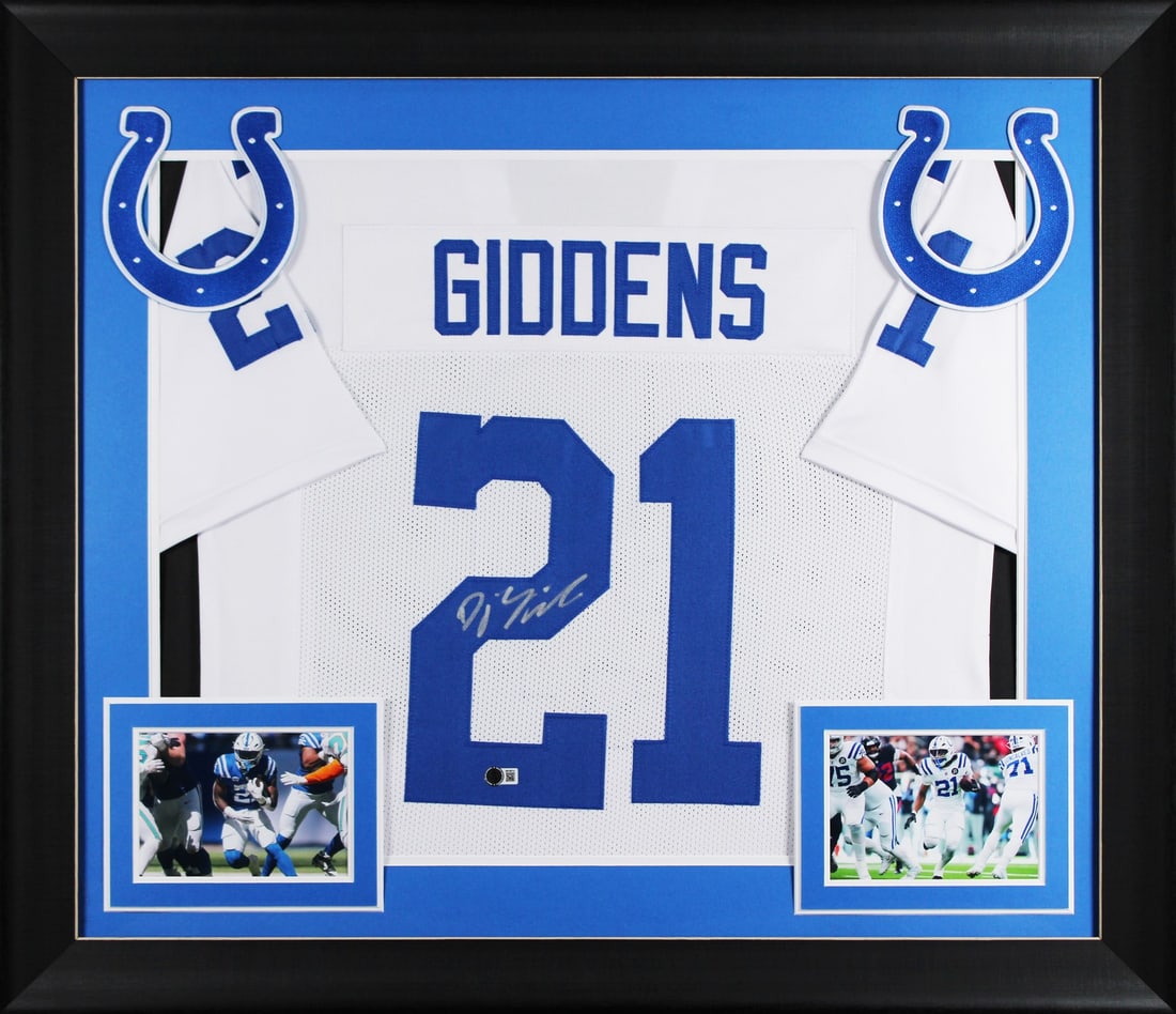 Framed D.J. Giddens Signed Colts White Pro Style Jersey BAS: Framed D.J. Giddens Signed Colts White Pro Style Jersey BAS This is an autographed white pro style framed jersey personally signed by D.J. Giddens of the Indianapolis Colts. It is an original, pre-own