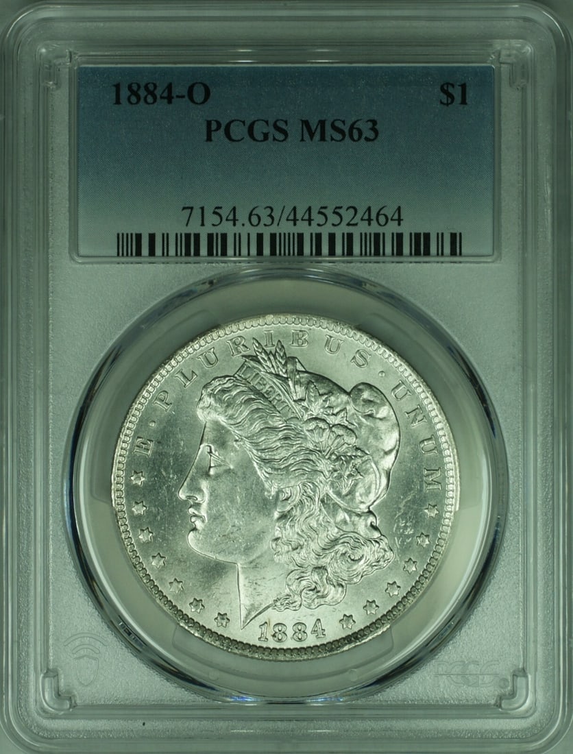 PCGS MS63 1884-O $1 Morgan Silver Dollar from New Orleans Mint: PCGS MS63 1884-O $1 Morgan Silver Dollar from New Orleans Mint This 1884-O Morgan Silver Dollar features a $1 denomination and is certified by PCGS with a grade of MS 63. Minted in New Orleans in 1884