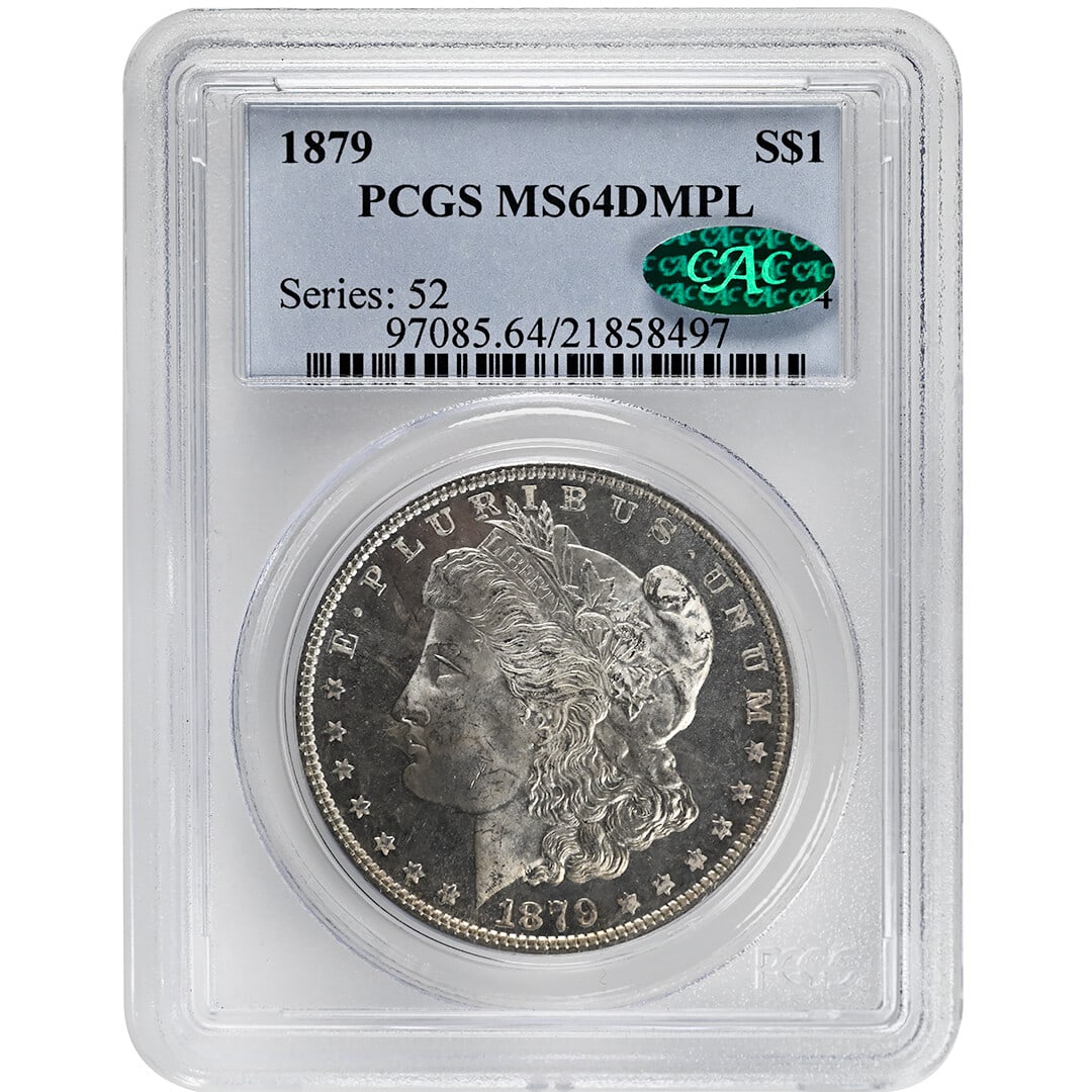 PCGS CAC 1879 Morgan Dollar MS64DMPL Silver $1: PCGS CAC 1879 Morgan Dollar MS64DMPL Silver $1 This 1879 Morgan Dollar is an uncirculated coin graded MS64DMPL by PCGS and verified by CAC. Minted in Philadelphia, it features a strongly mirrored surf